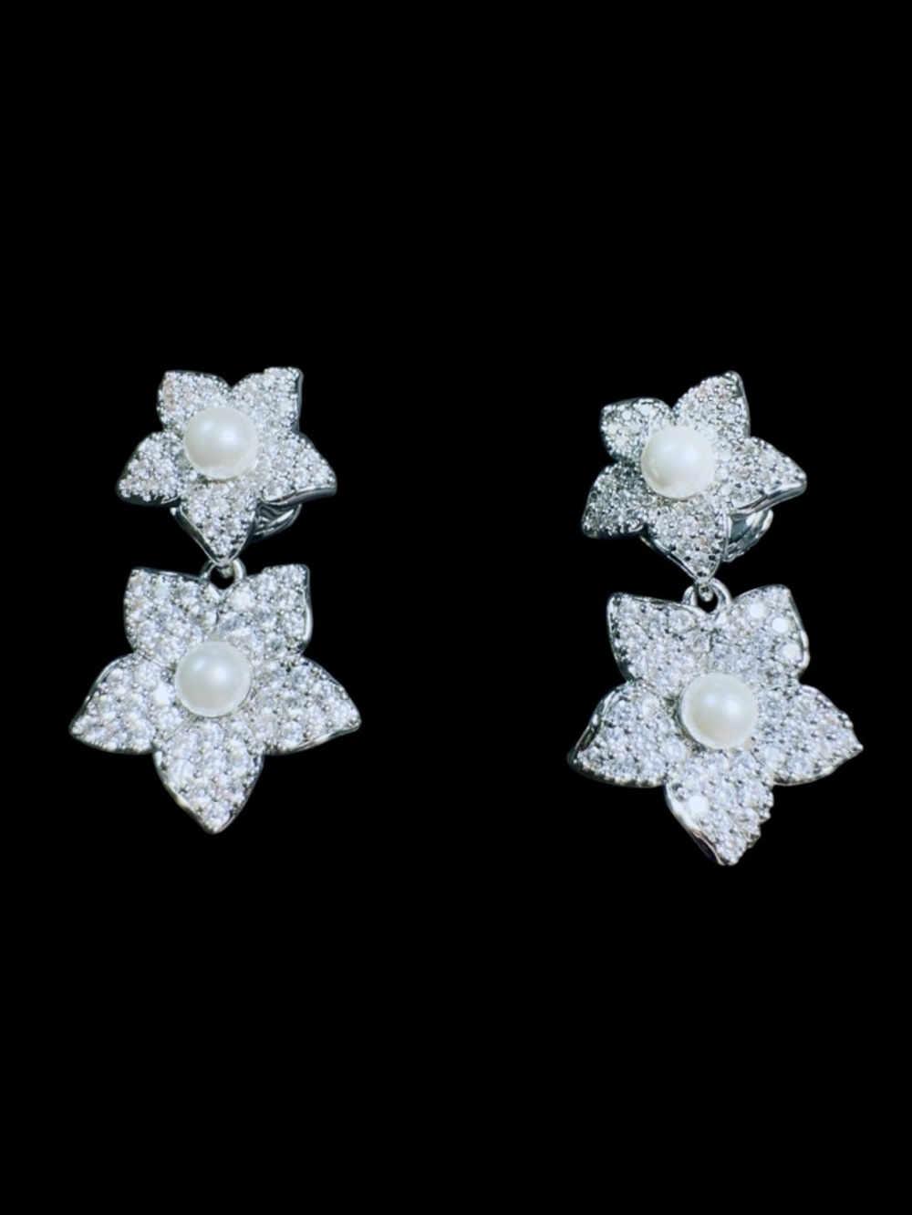 Pearl & Crystal Floral Drop Earrings - Silver Tone